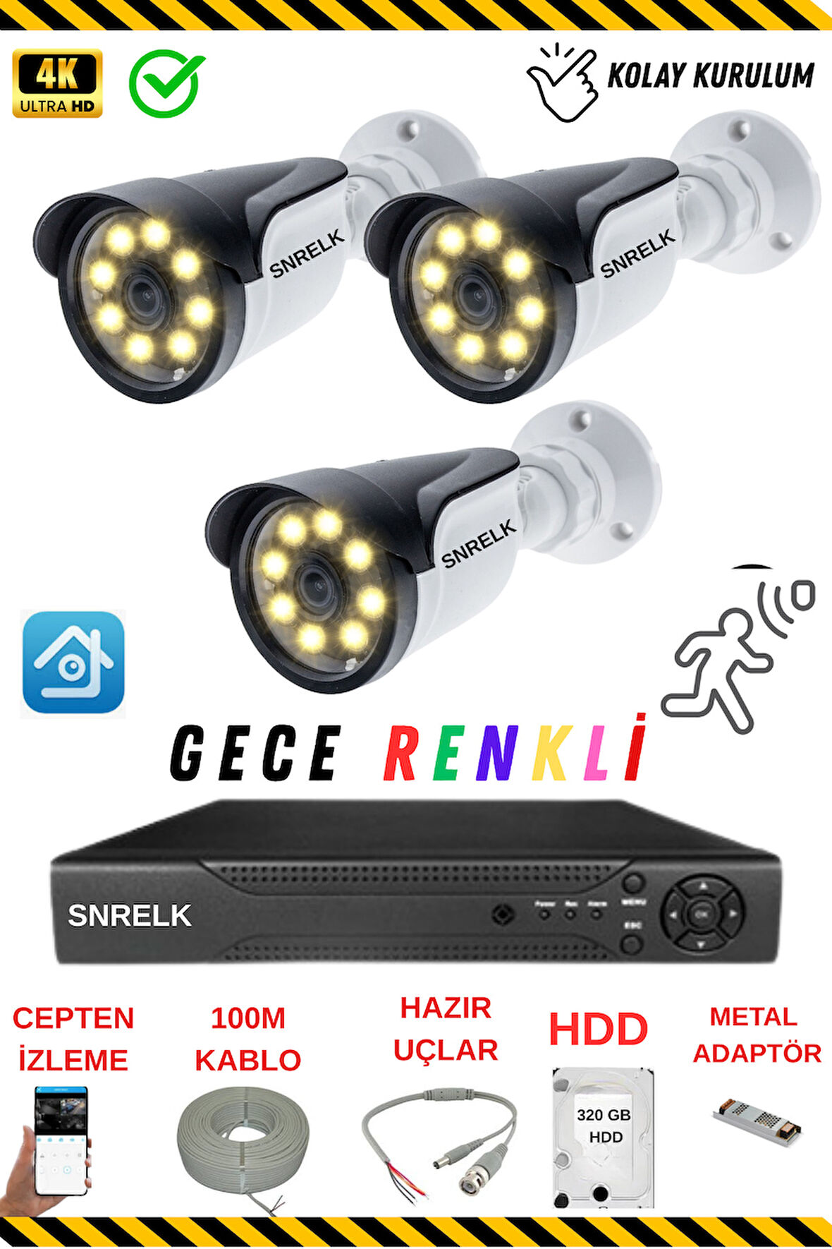 SNRELK  Hama 3 Kameralı 5mp lens 320gb Gece Renkli Su Geçirmez Güvenlik Kamera Seti 5536