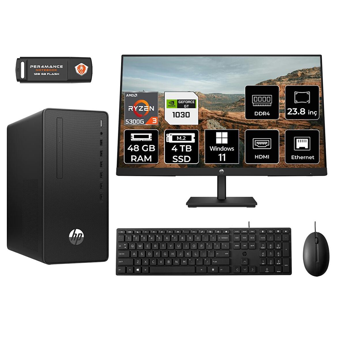 HP 295 G9 RYZEN 3 5300G 48GB RAM 4TB SSD GT1030/4GB W11H 6D391EA MASAÜSTÜ PC & 23.8'' MONİTÖR