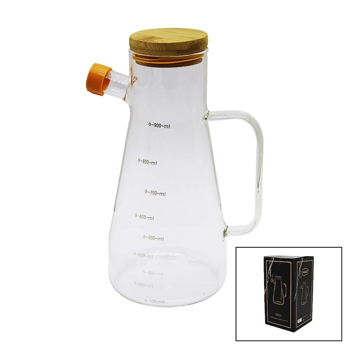 DAMLATMAZ CAM YAĞDANLIK BAMBU KAPAKLI ÖLÇEKLİ 900ML (4490)