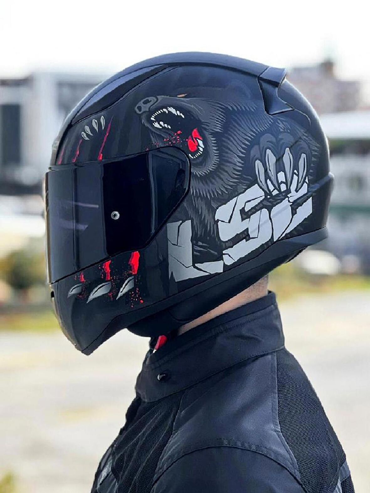 LS2 Rapid 2 Clawn Mat Siyah Gri Kırmızı Kask Siyah Vizörlü