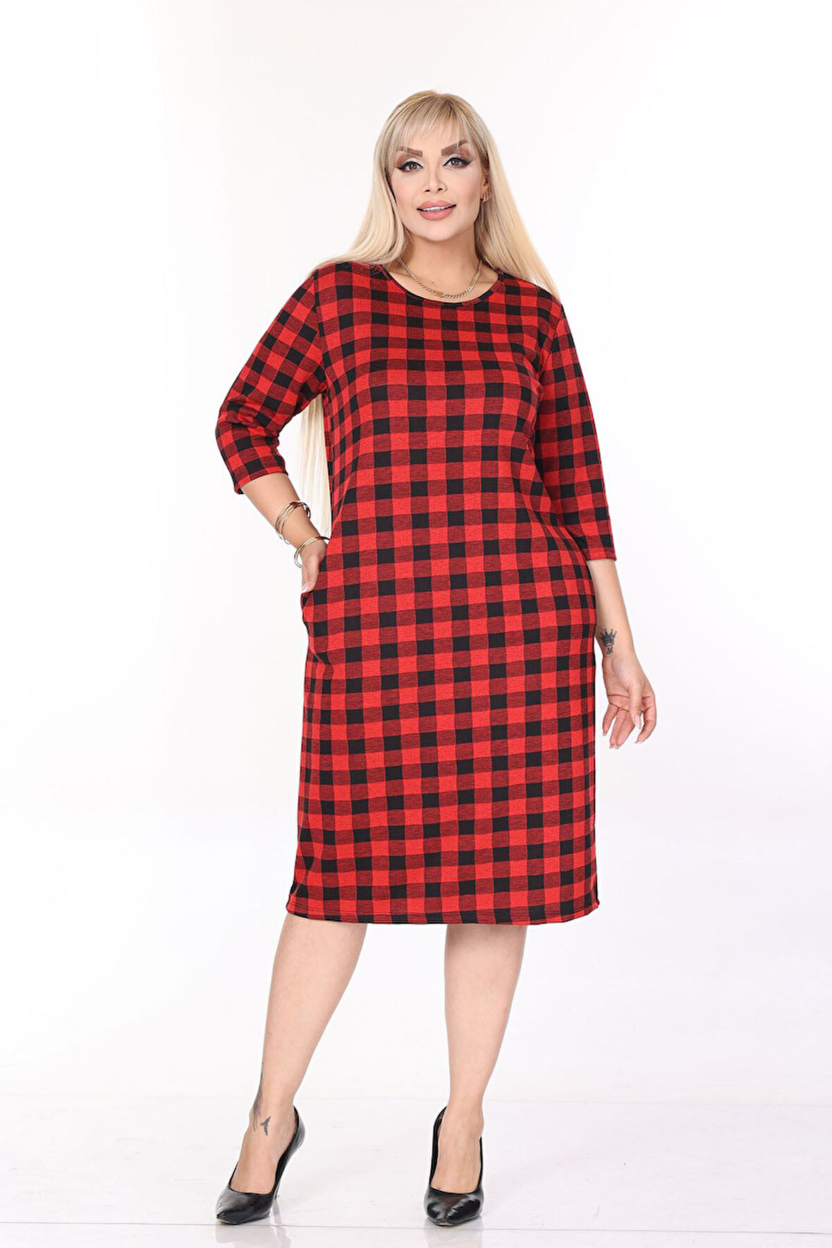 Çift Cepli Desenli Esnek Kışlık Büyük Beden Midi Elbise 44B-2702