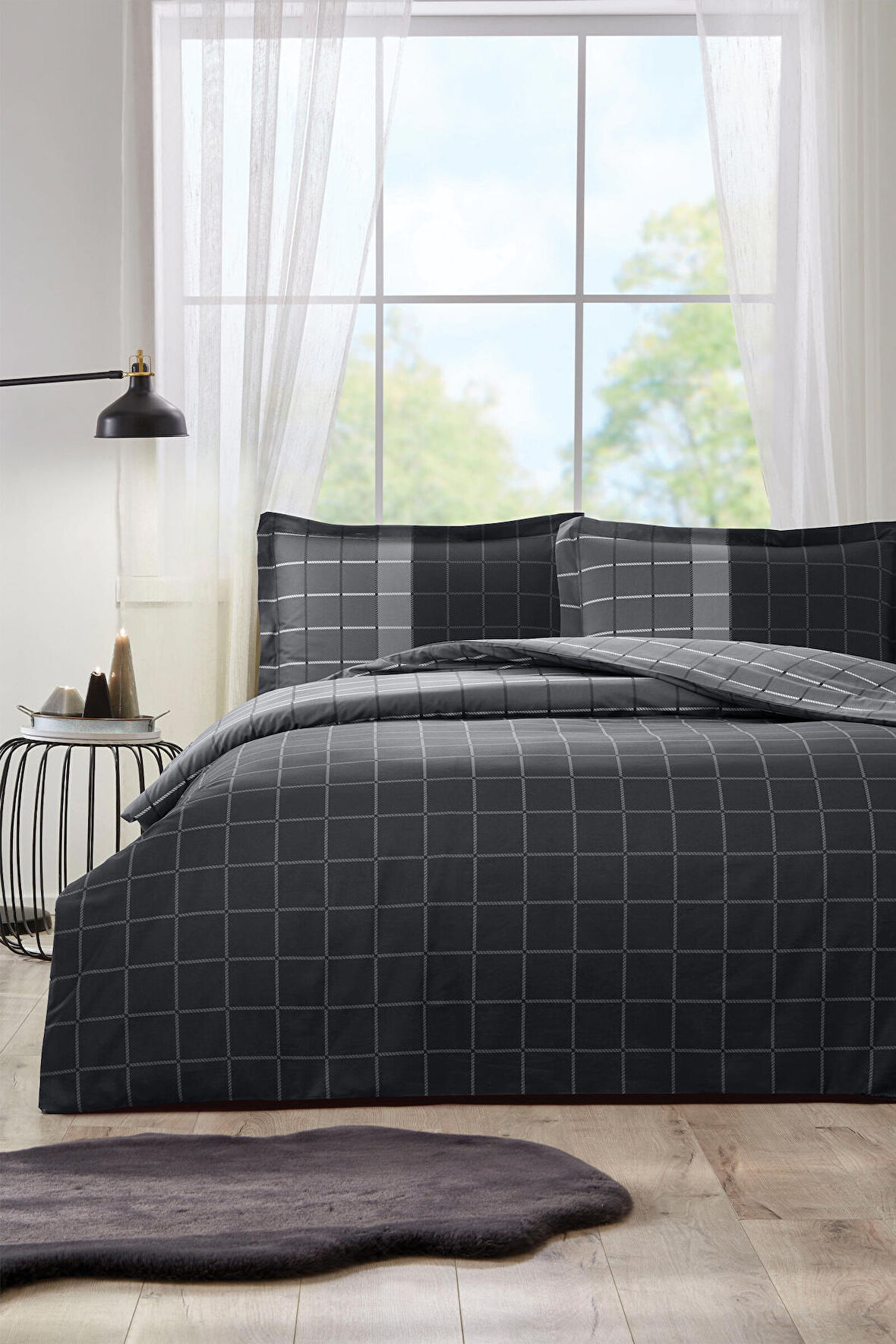 Özdilek Siyah Nera King Boy Çift Kişilik Lastikli Fitted Çarşaf Nevresim Takımı