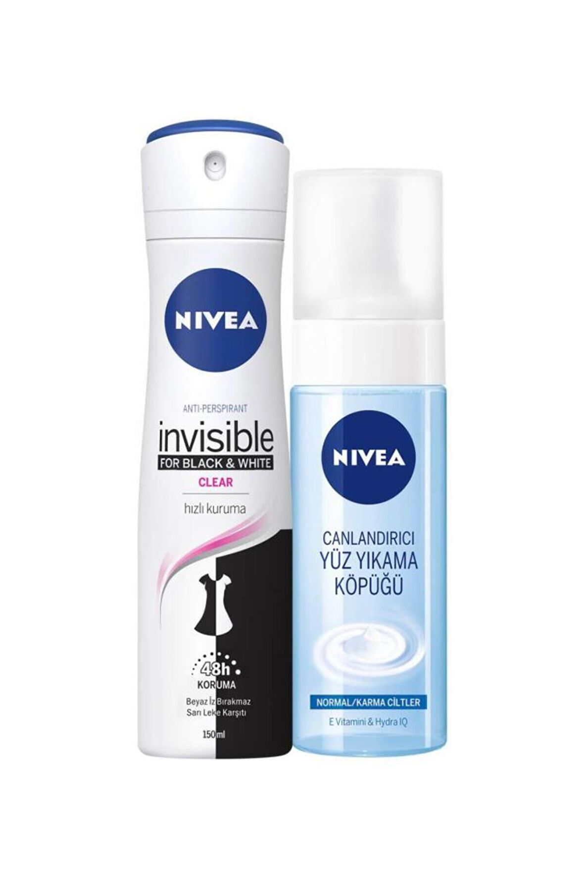 Nivea Kadın Sprey Deodorant Black&White Invisible Clear 150ml ve Canlandırıcı Yüz Yıkama Köpüğü 150ml