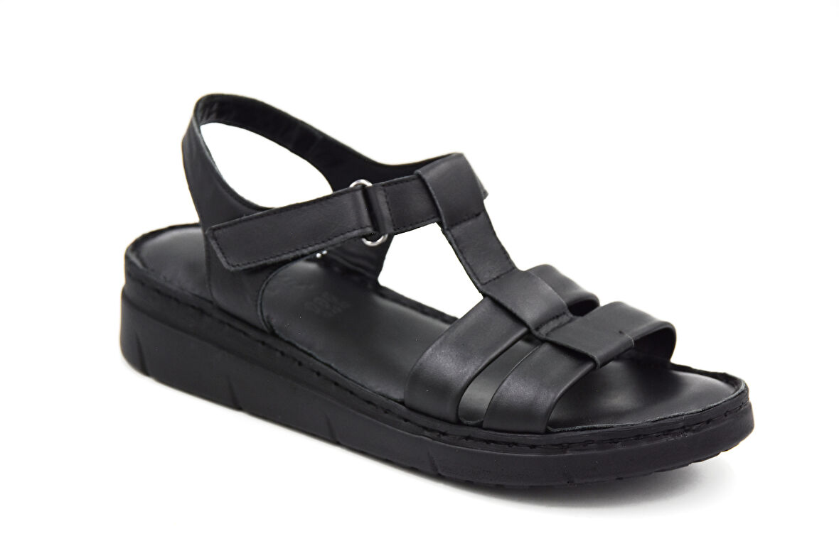 Prego (Clavi) Hakiki Hakiki Deri Poli Hafif Taban Dikişli Günlük Kadın Comfort Sandalet SİYAH