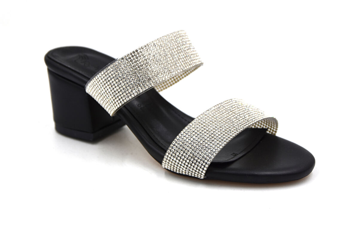 Prego Taş Bant Detaylı Topuklu Kadın Abiye Terlik SİYAH