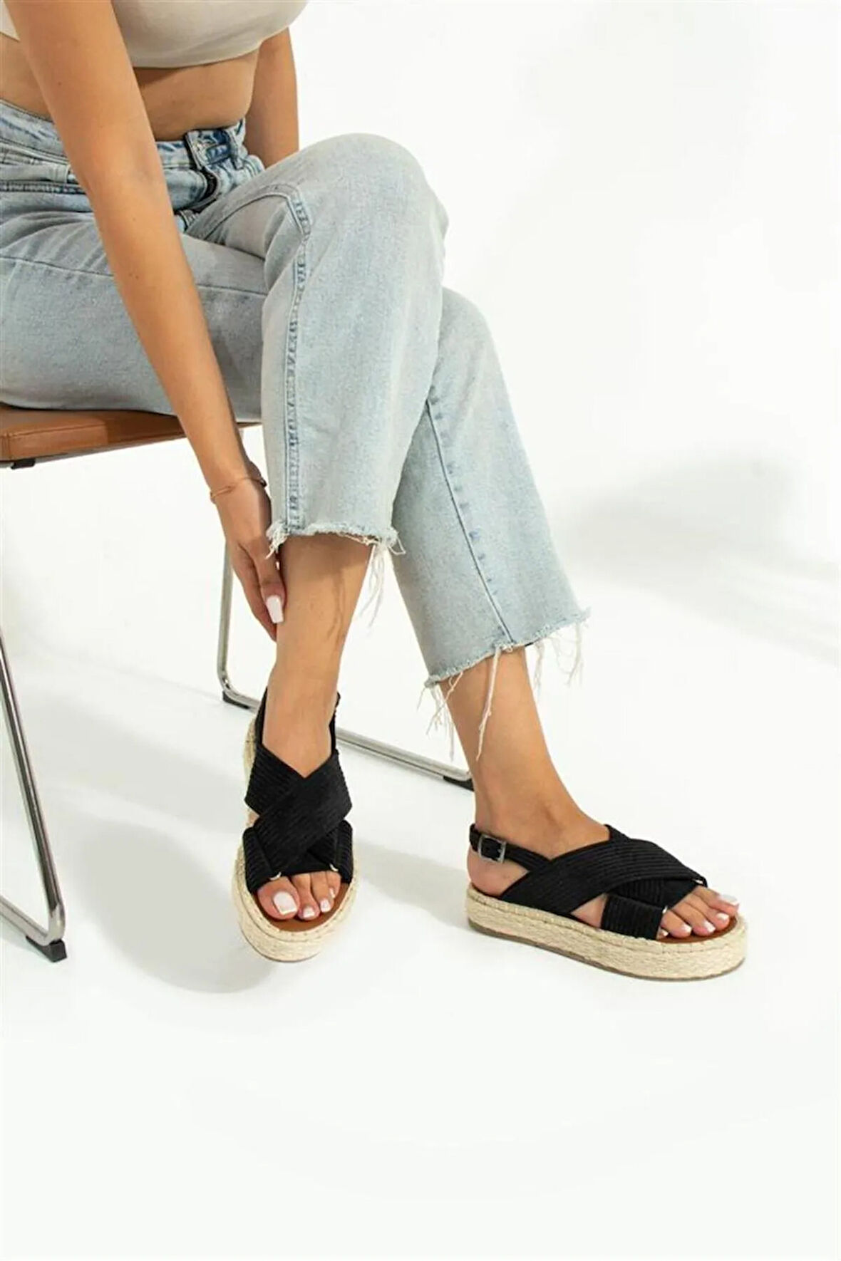 Prego Pamuk Dokuma Kadın Sandalet SİYAH