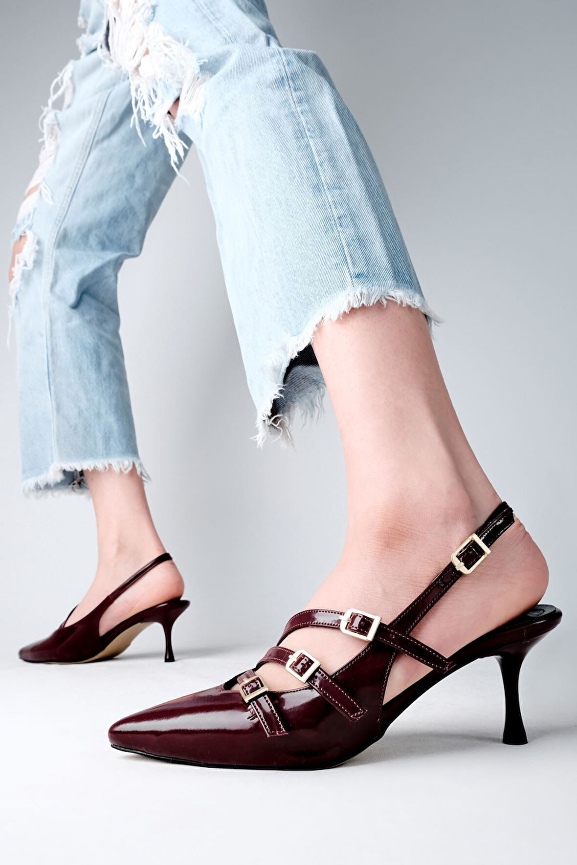 Prego (Pine Cone) 3 Toka Detaylı Topuklu Kadın Ayakkabı BORDO