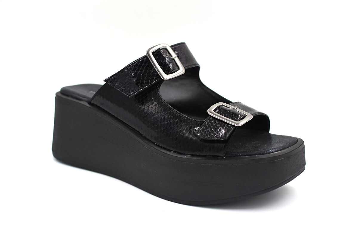 Beyaz (London) Çift Toka Poli Hafif Taban Günlük Kadın Terlik SİYAH