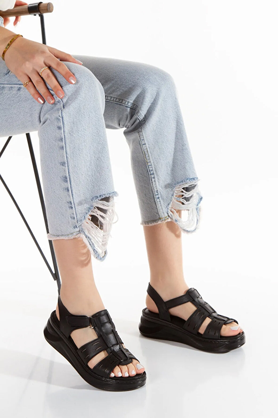 Prego (Ender) Iç Dış Hakiki Deri Ortopedik Taban Comfort Kadın Sandalet SİYAH