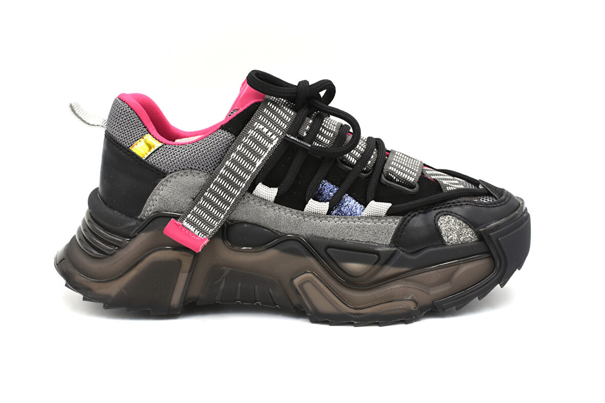 Beyaz (London) Asimetrik Bağcıklı Şeffaf Kalın Taban Kadın Spor Ayakkabı SİYAH