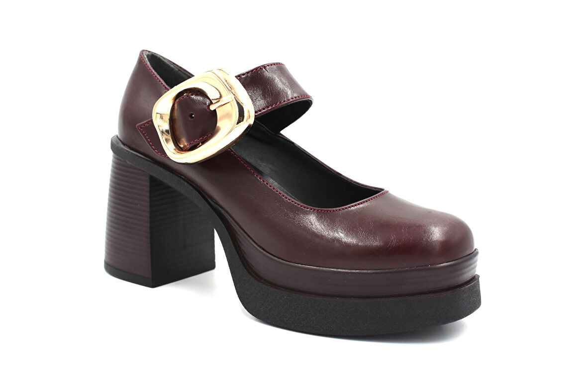 Beyaz (London) Poli Hafif Taban Gold Toka Detaylı Yüksek Topuklu Platform Kadın Ayakkabı BORDO