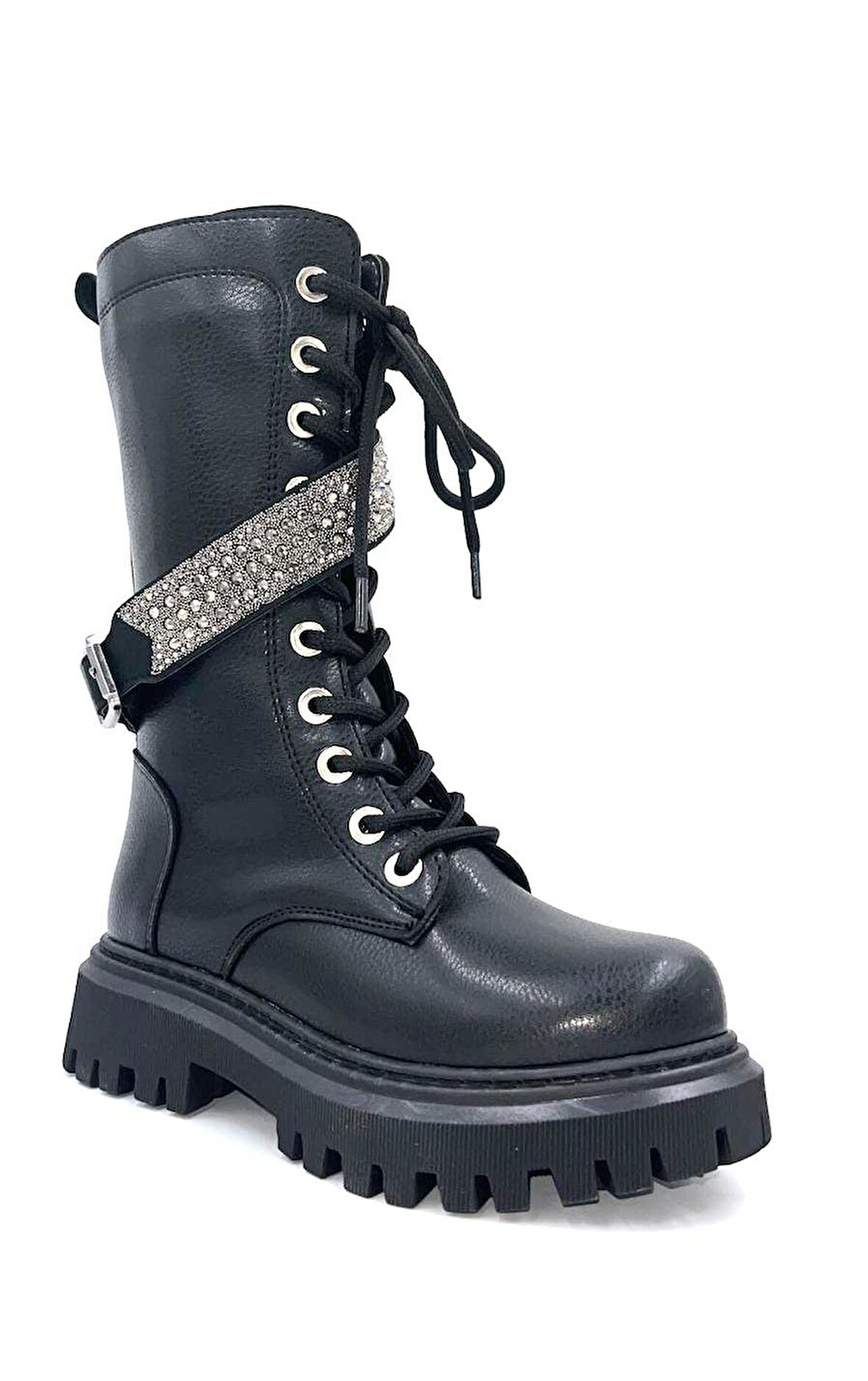 Beyaz (Vetta) Süka Taş Kemer Detaylı Termo Kaymaz Taban Fermuarlı&Bağcıklı Günlük Kadın Bot SİYAH