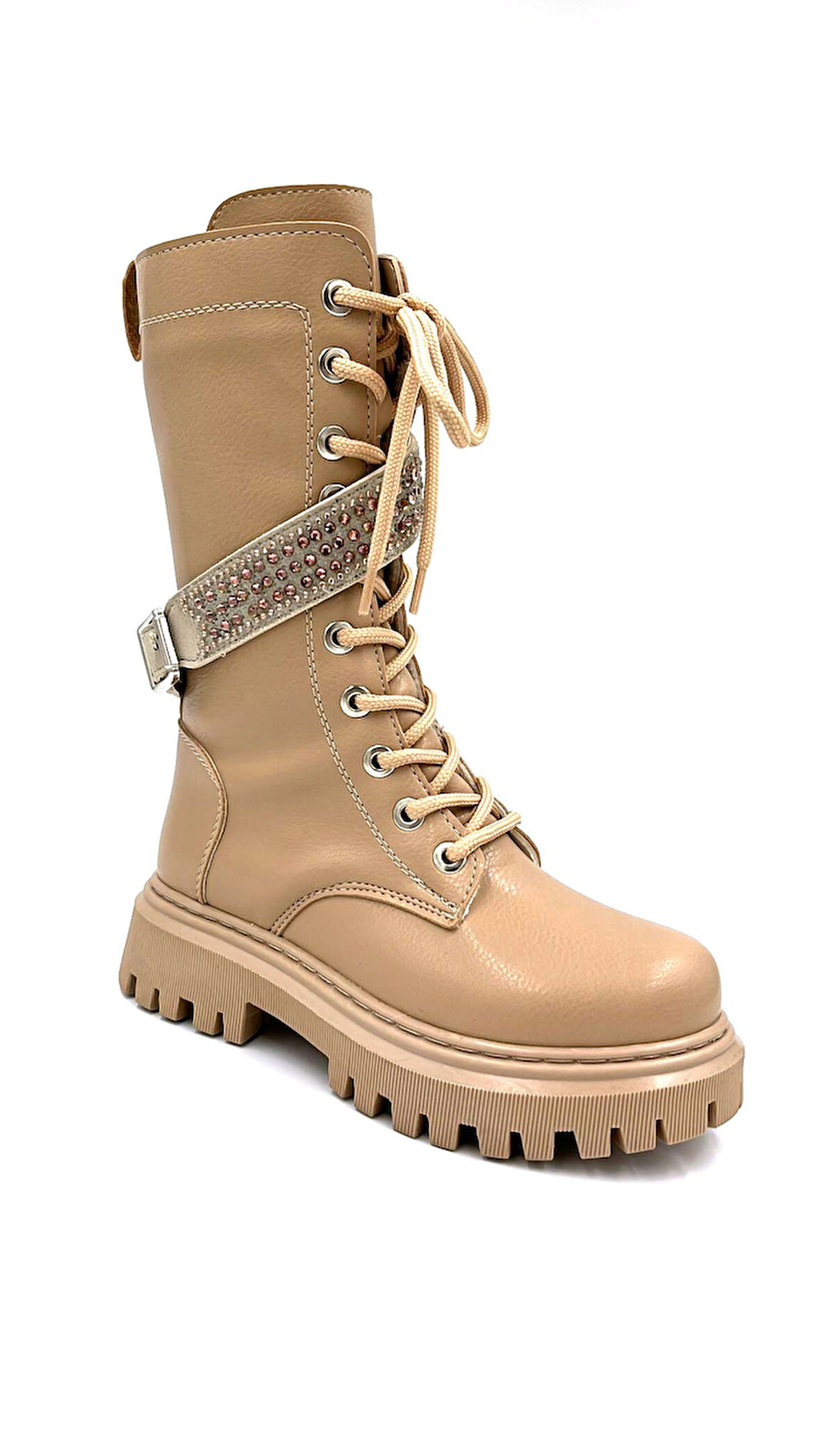 Beyaz (Vetta) Süka Taş Kemer Detaylı Termo Kaymaz Taban Fermuarlı&Bağcıklı Günlük Kadın Bot VİZON