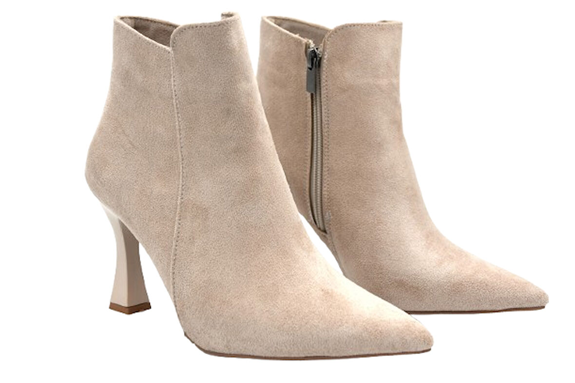 Beyaz (Oc Shoes) Pena Sivri Burunlu Kadın  İnce Topuklu Kısa Bot TEN