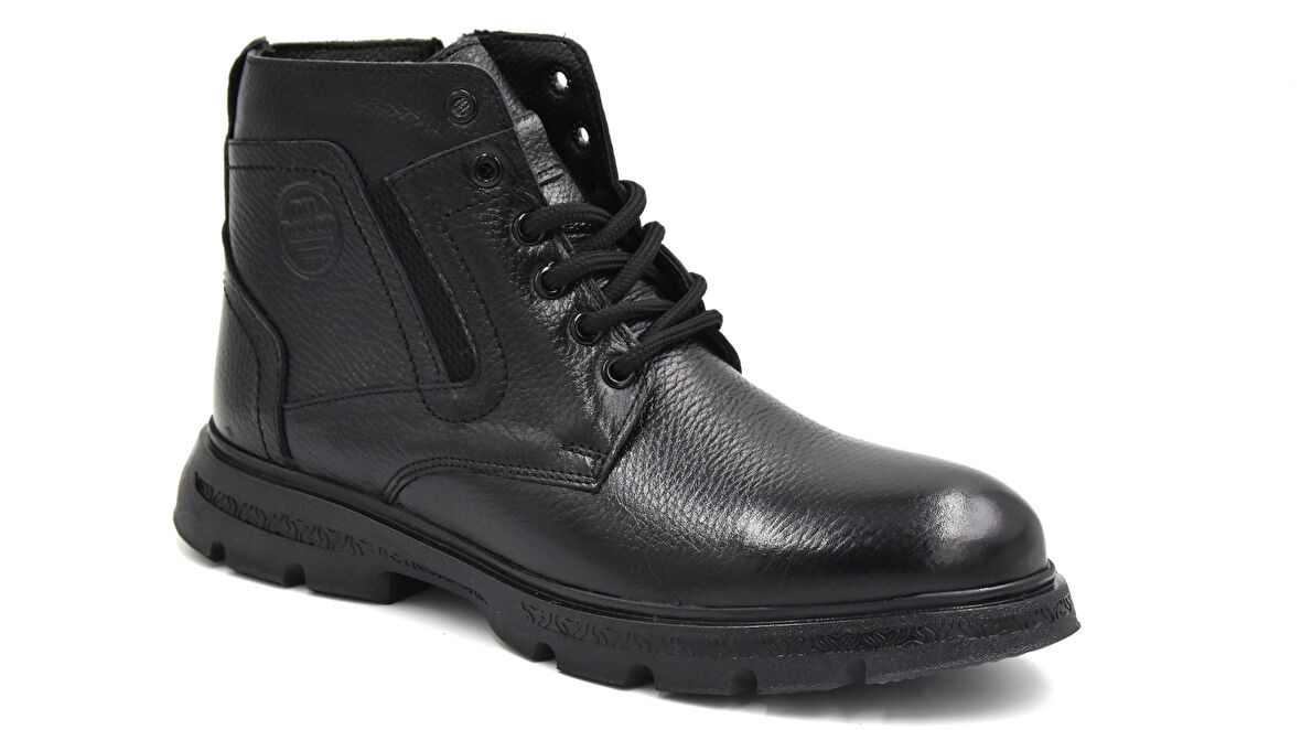 Beyaz (Bozkaya) Hakiki Deri Termo Kaymaz Taban İçi Kürklü Fermuarlı&Bağcıklı Erkek Bot SİYAH