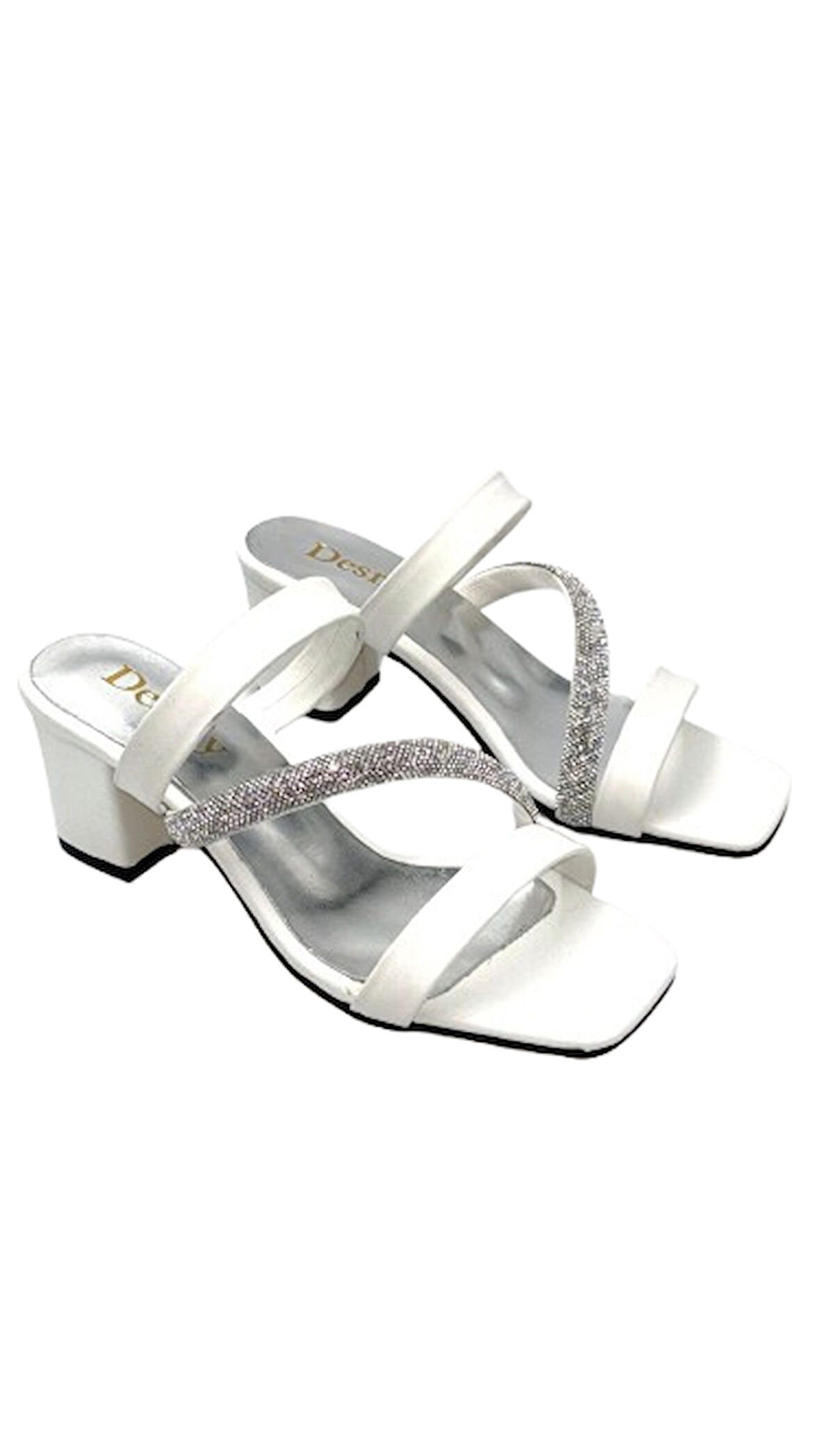 Beyaz (Desniy) Taş Biyeli Topuklu Kadın Terlik BEYAZ