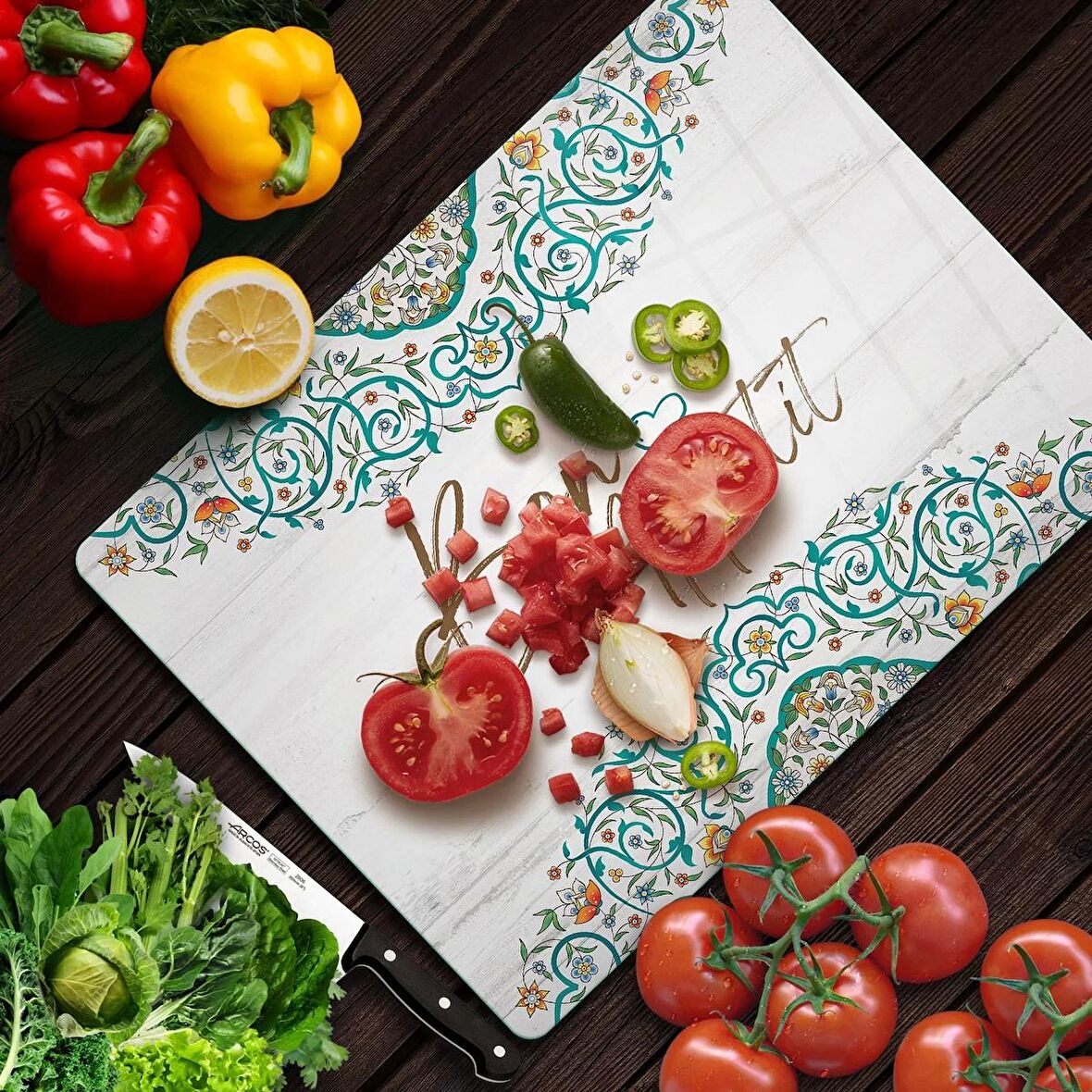 Decovetro Cam Kesme Tahtası Bon Appetit Desenli 30x40 Cm