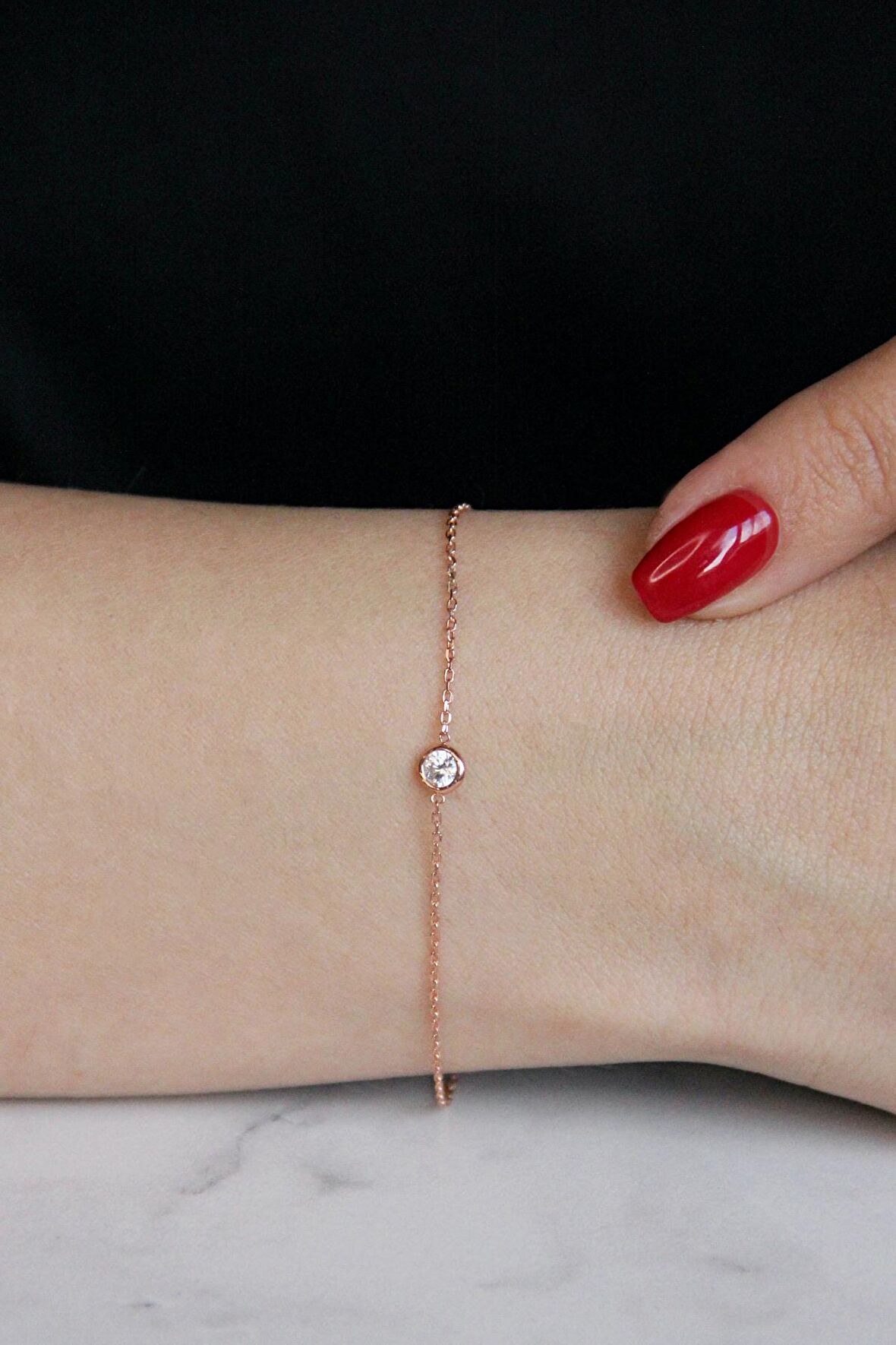 Zirkon Tek Taşlı 925 Ayar Gümüş Rose Bileklik - B034701