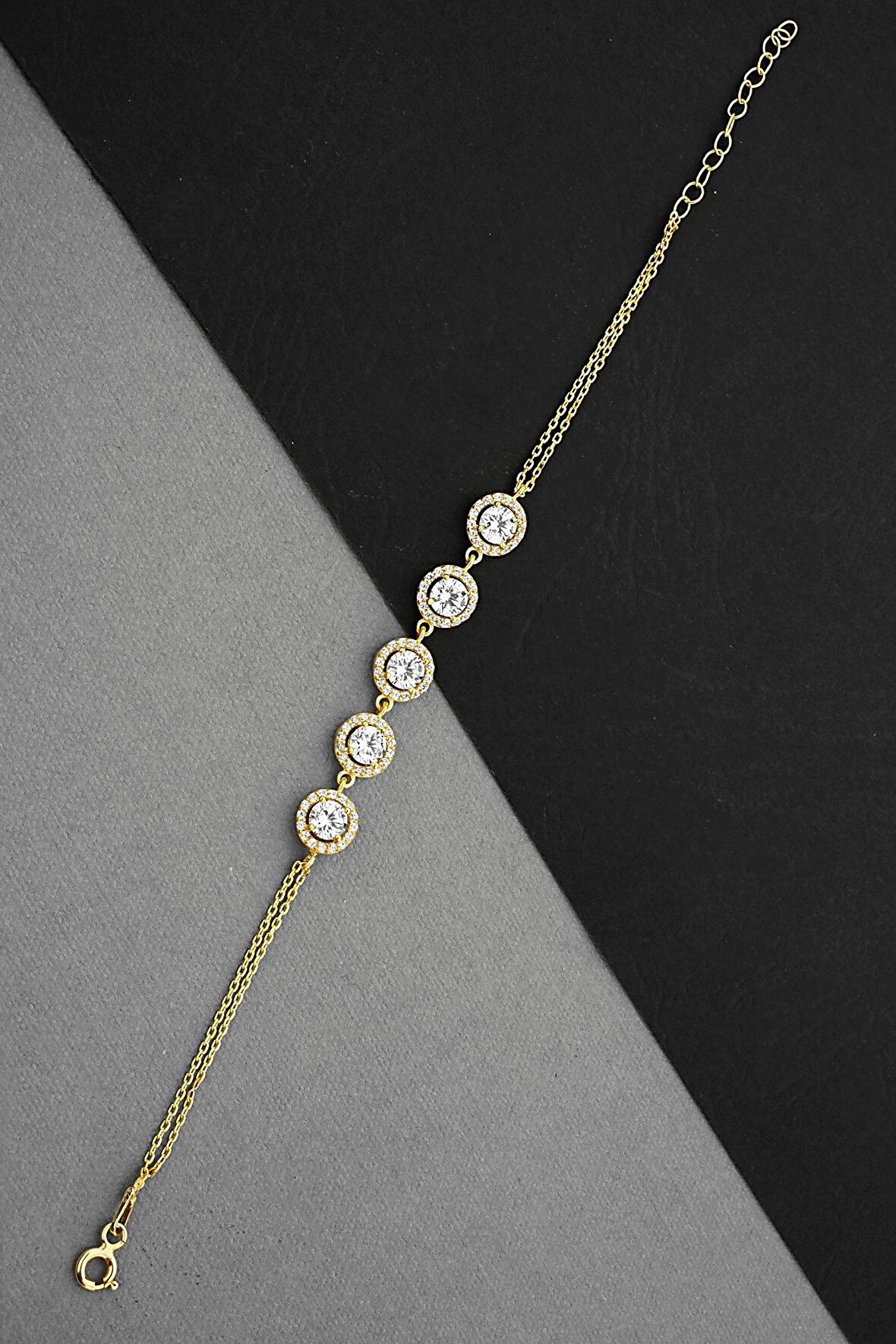 Altın Kaplamalı 925 Ayar Gümüş Zirkon Taşlı Su Yolu Bileklik - B077101