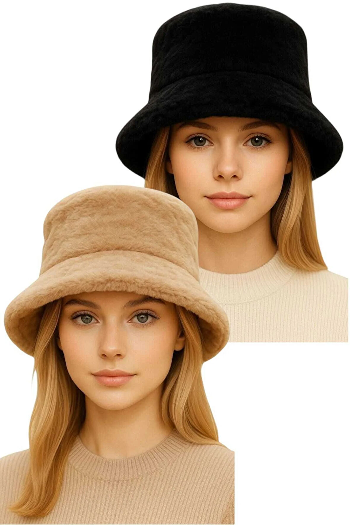 Tezzgelsin Kadın Ayarlanabilir Peluş Bucket Kova Şapka 2'li Set
