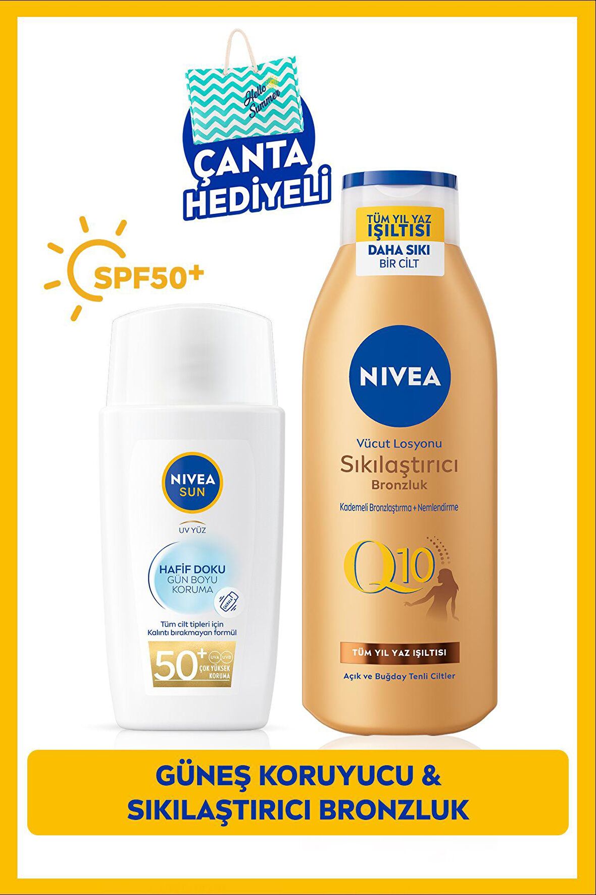 Nivea Sun Hafif Dokulu Yüz Kremi 40ml Spf50 Ve Q10 Sıkılaştırıcı Bronzluk Vücut Losyonu 200ml,çanta Hediye