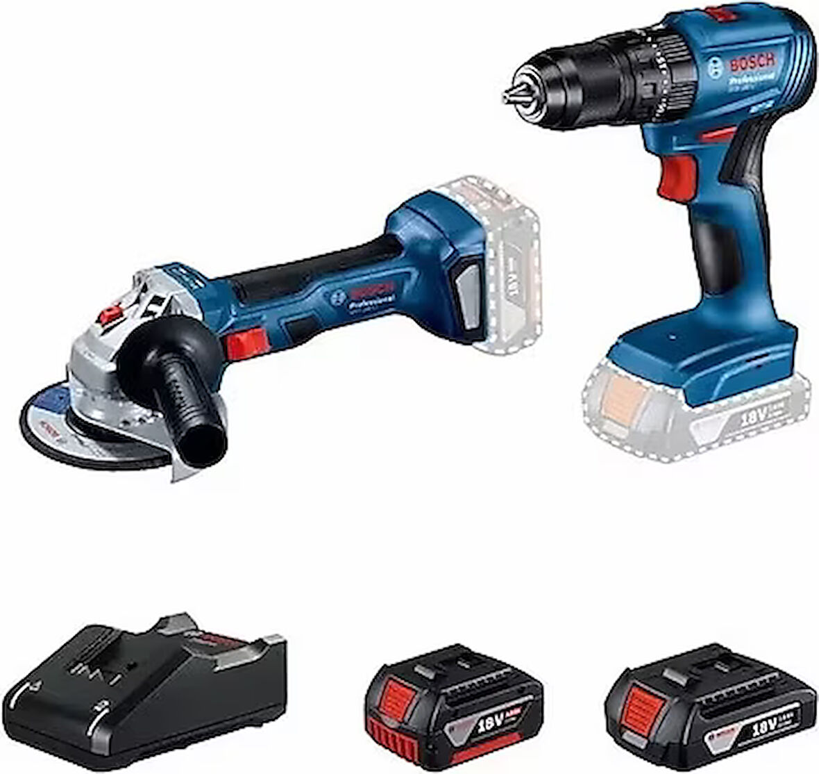 Bosch Professional GWS 180-LI + GSB 185-LI 18V Akülü Vidalama 2+4 Ah Çift Akü Set