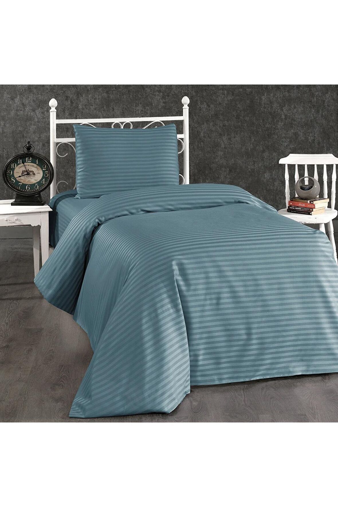 Pamuklu Otel Serisi (Lastikli Çarşaflı) Çizgili Tek Kişilik Nevresim Takımı