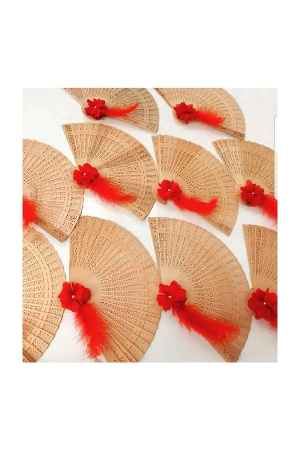 Lazer Güllü Tüylü Ahşap Yelpaze Süslü Yelpaze Parti Aksesuarı 5 Adet