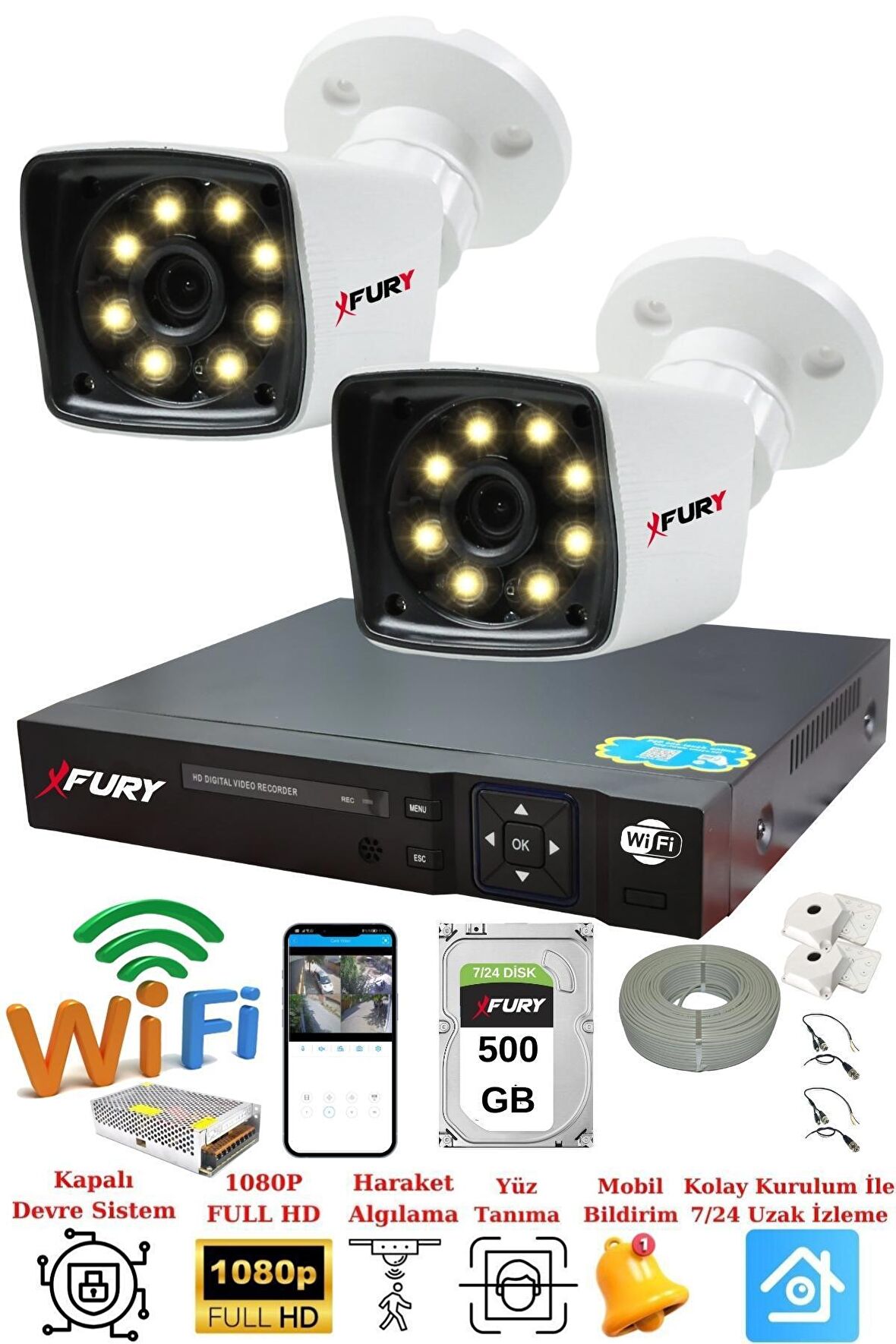 FURY 2 Kameralı 5mp Lens 1080p 2mp Color Görüntü 8 Warm Led Gece Görüş FullHd Güvenlik Kamera 5525W 500GB