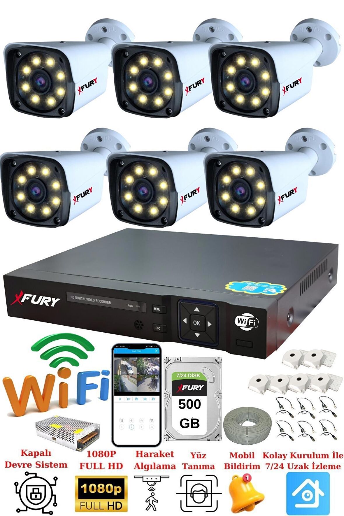 FURY 6 Kameralı 5mp Lens 1080p 2mp Color Görüntü 8 Warm Led Gece Görüş FullHd Güvenlik Kamera 5520W 500GB