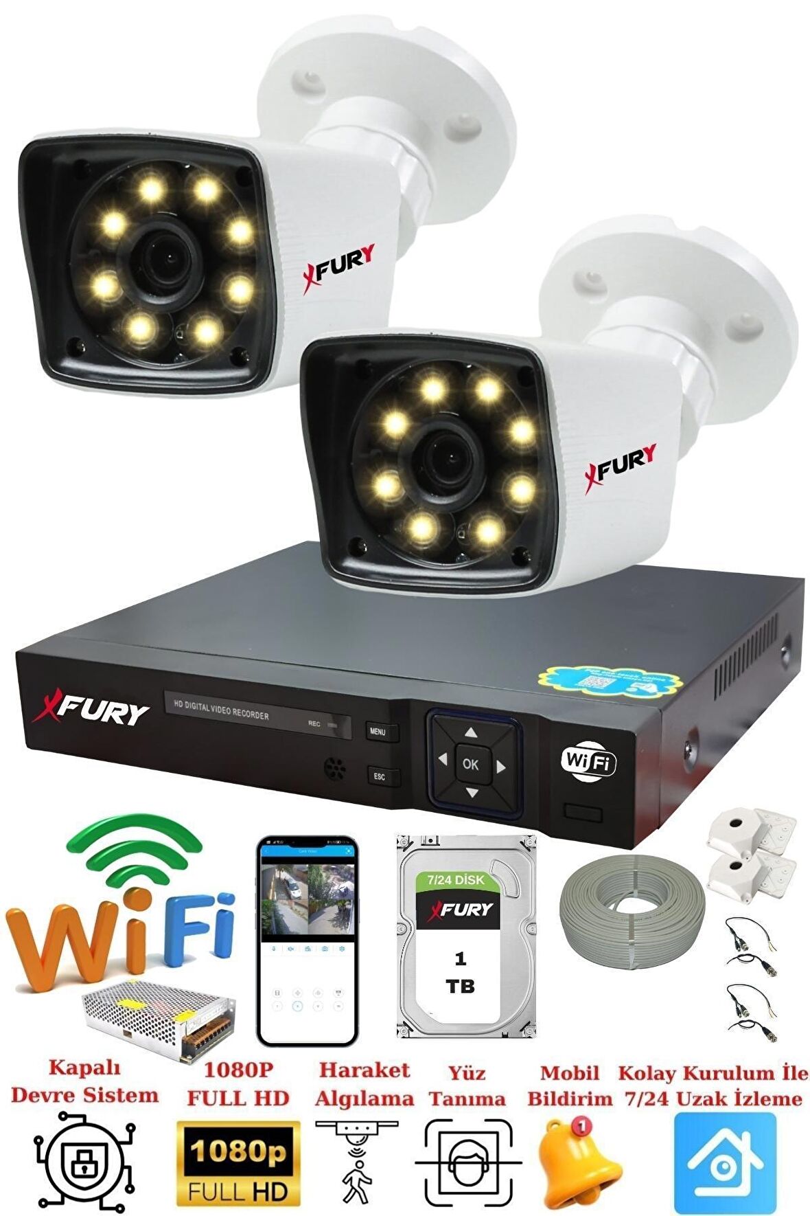 FURY 2 Kameralı 5mp Lens 1080p 2mp Color Görüntü 8 Warm Led Gece Görüş FullHd Güvenlik Kamera 5525W 1TB