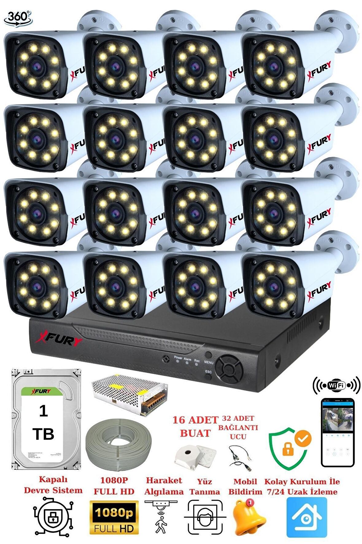 FUYR 16 Kameralı 5mp Lens 1080p 2mp Color Görüntü 8 Warm Led Gece Görüş Fullhd Güvenlik Kamera 5520w 1TB