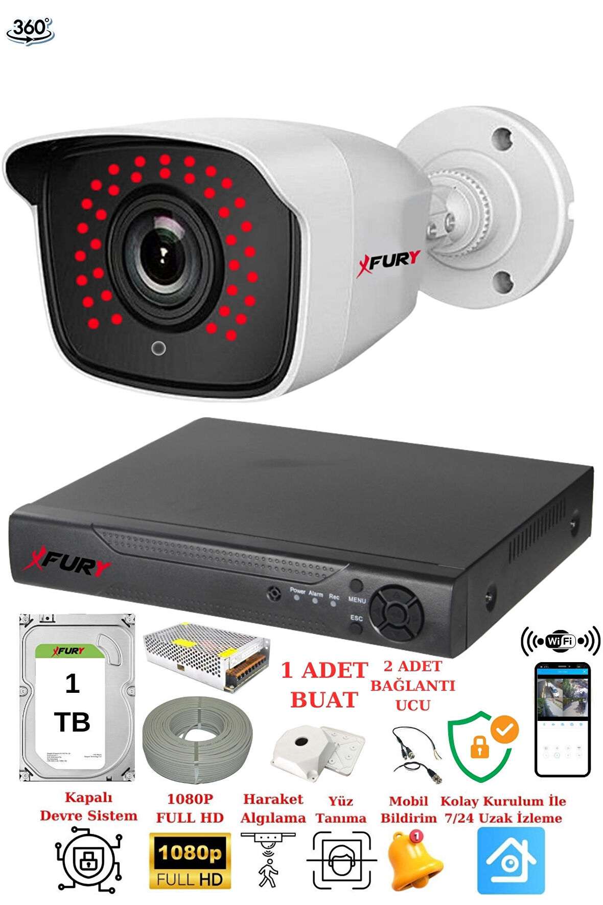 FURY 1 Kameralı 5mp 3.6mm Lens 2mp Görüntü 36 Led Gece Görüşlü FullHd Güvenlik Kamerası 2236 1 TB