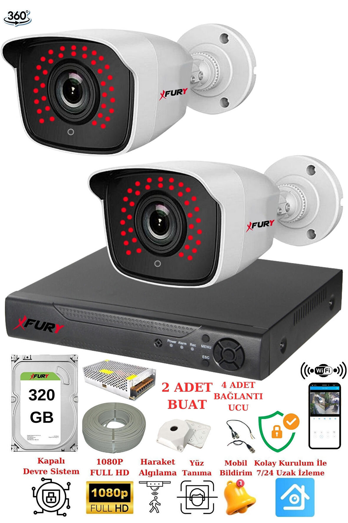 FURY 2 Kameralı 5mp 3.6mm Lens 2mp Görüntü 36 Led Gece Görüşlü FullHd Güvenlik Kamera 2236 320GB