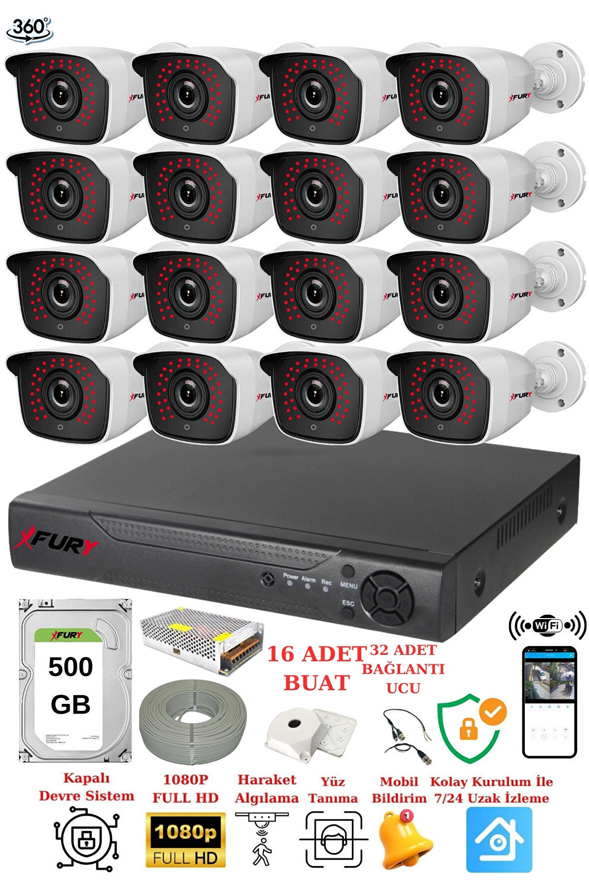 FURY 16 Kameralı 5mp 3.6mm Lens 2mp Görüntü 36 Led Gece Görüşlü Full Hd Güvenlik Kamerası 2236 500 GB