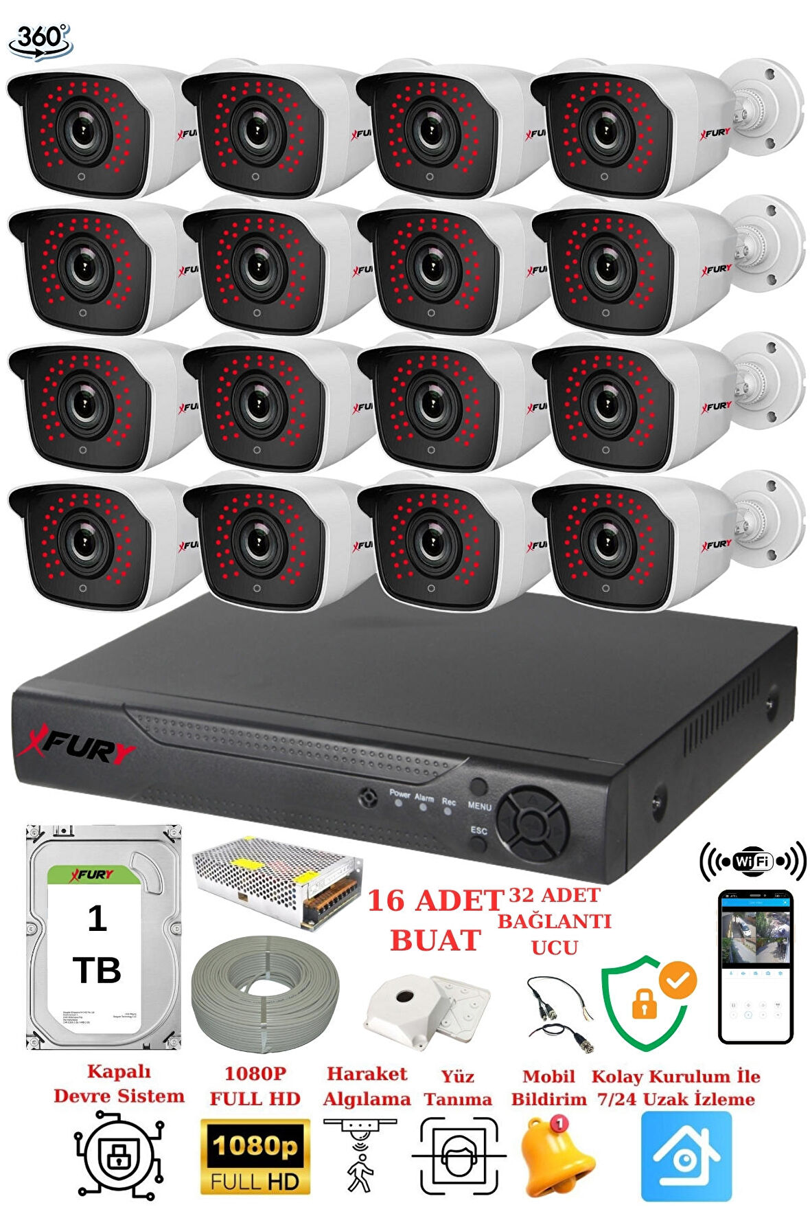 FURY 16 Kameralı 5mp 3.6mm Lens 2mp Görüntü 36 Led Gece Görüşlü FullHd Güvenlik Kamerası 2236 1 TB