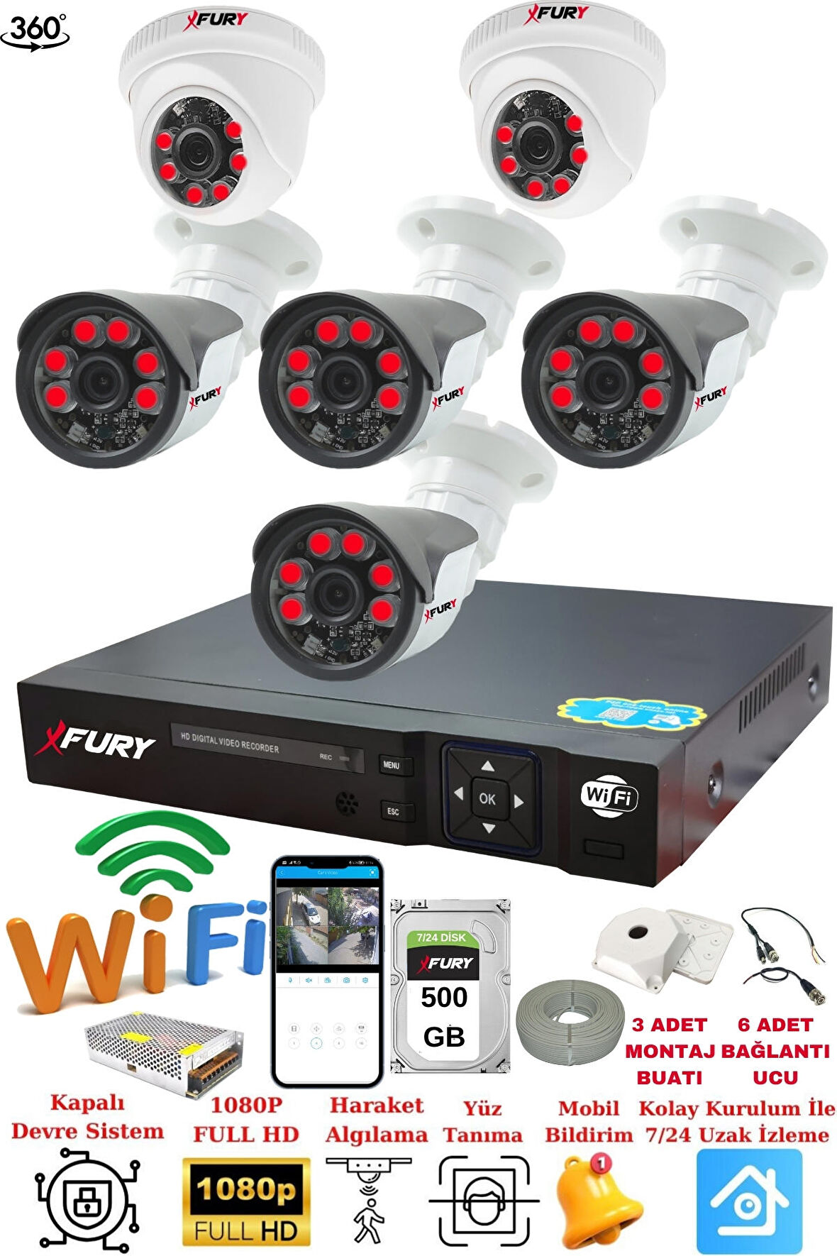 FURY 2 İç 4 Dış Kameralı 5mp Lens 2mp Görüntü Gece Görüşlü Full Hd Güvenlik Kamerası 14125570 500GB