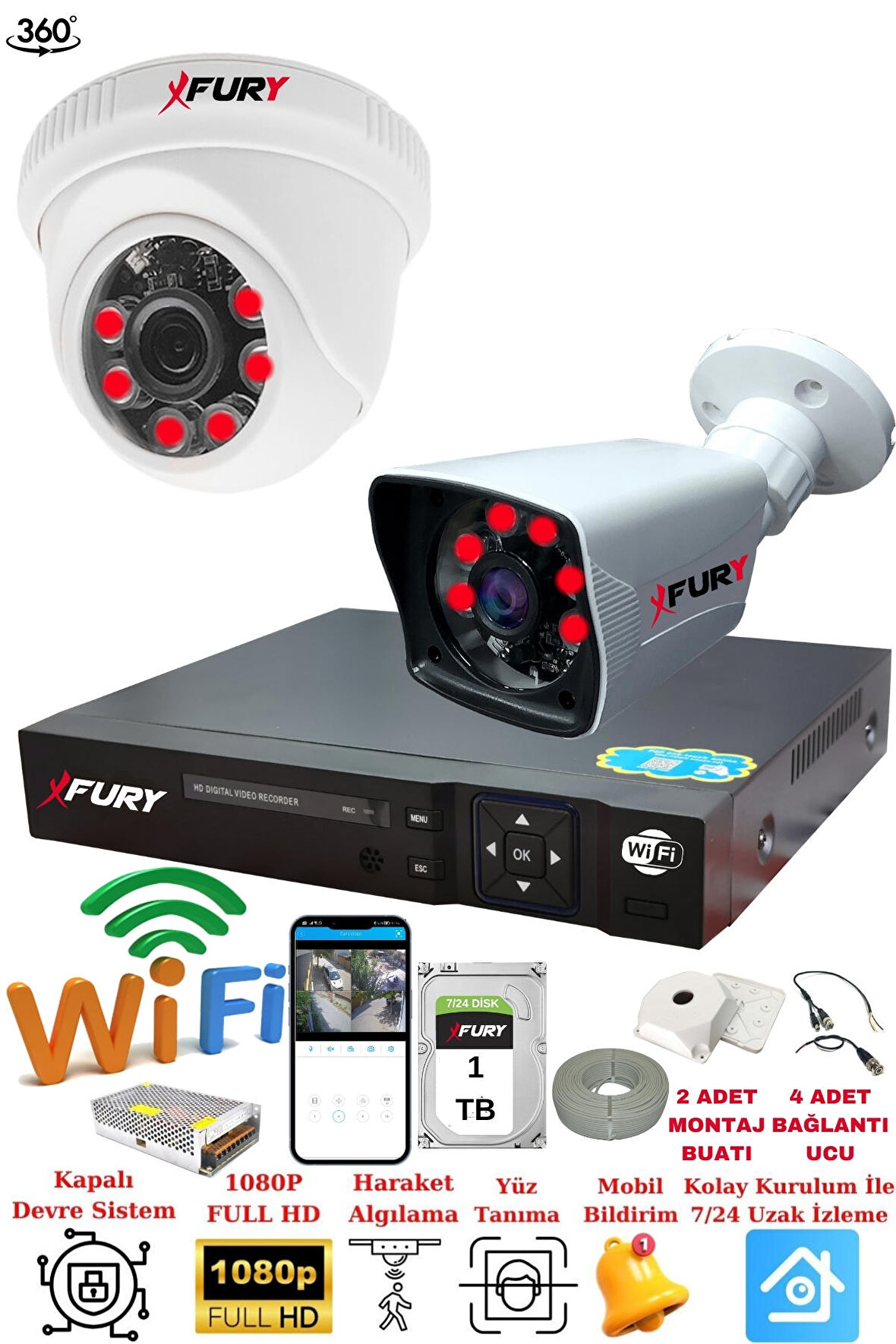 FURY 2 Kameralı 5mp 3.6mm Lens 2mp Görüntü 6 Atom Led Gece Görüşlü FullHd Güvenlik Kamerası 5525di 1TB