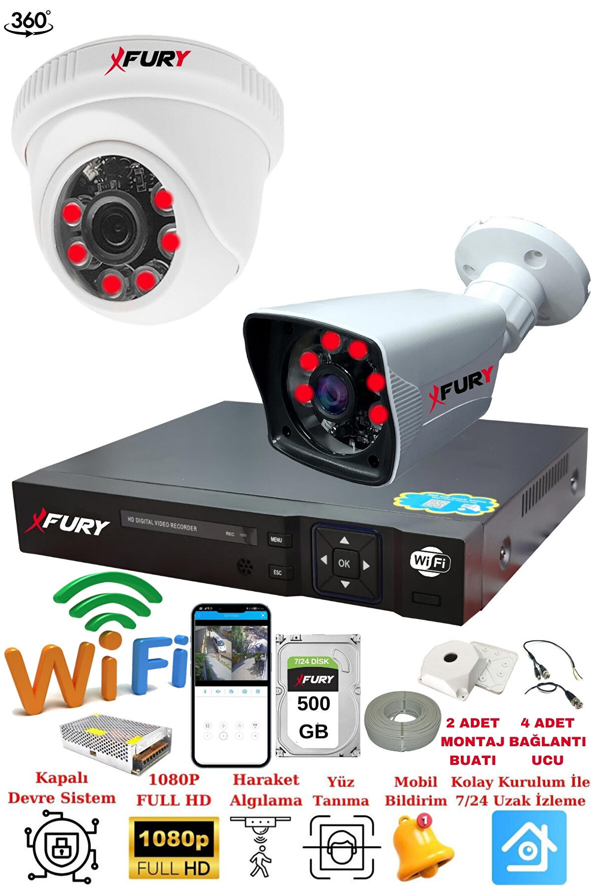 FURY 2 Kameralı 5mp 3.6mm Lens 2mp Görüntü 6 Atom Led Gece Görüşlü FullHd Güvenlik Kamerası 5525di 500GB