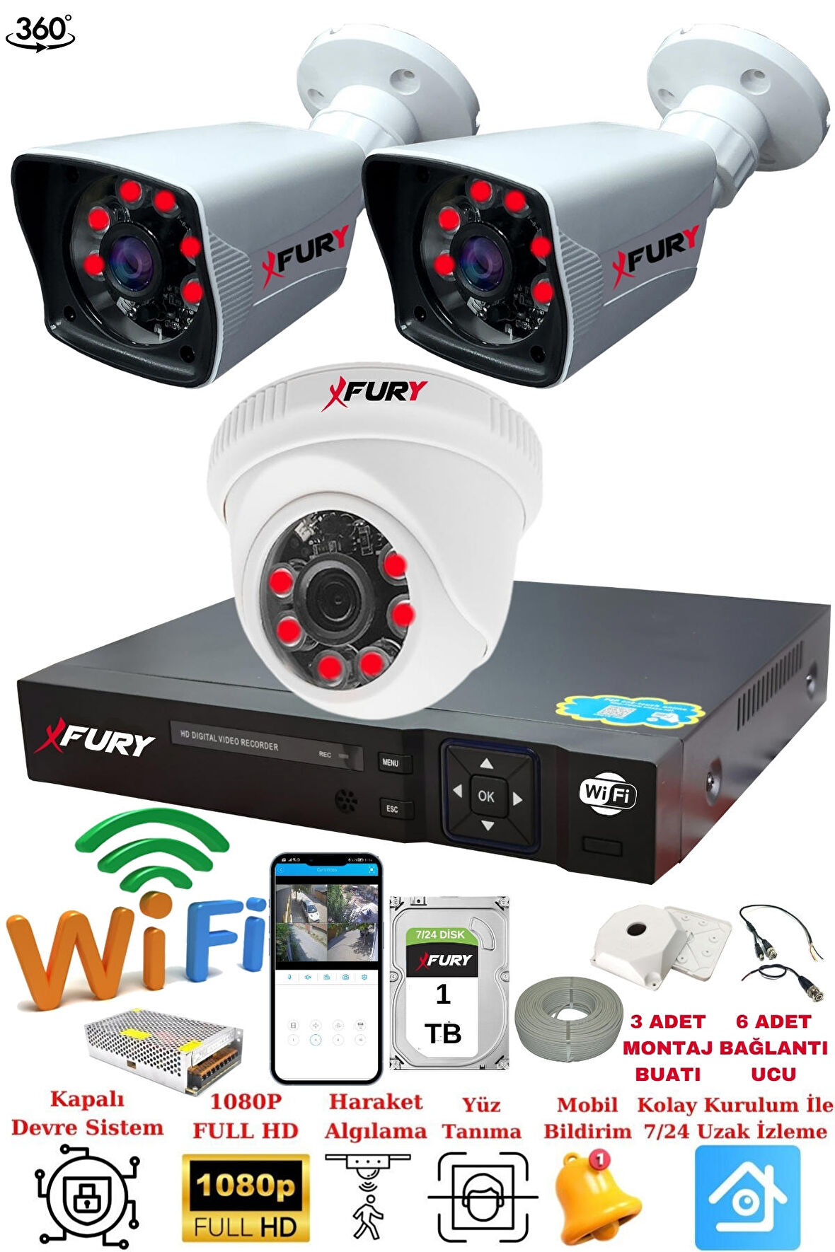FURY 3 Kameralı 5mp 3.6mm Lens 2mp Görüntü 6 Atom Led Gece Görüşlü FullHd Güvenlik Kamera 5525di1TB