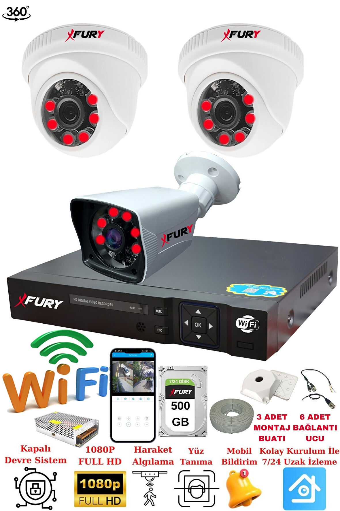 FURY 2 İç 1 Dış Kameralı 5mp Lens 2mp Görüntü Gece Görüşlü Full Hd Güvenlik Kamerası 14125525 500GB