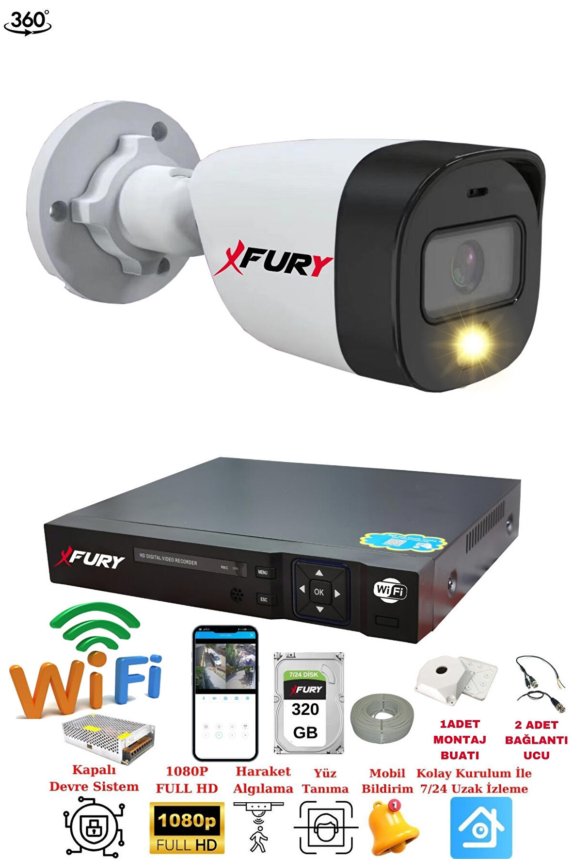FURY 1 Kameralı 1080P 2Mp Görüntü Gece Renkli Full Hd Ultra Led Gece Renkli Güvenlik Kamerası Seti 320GB