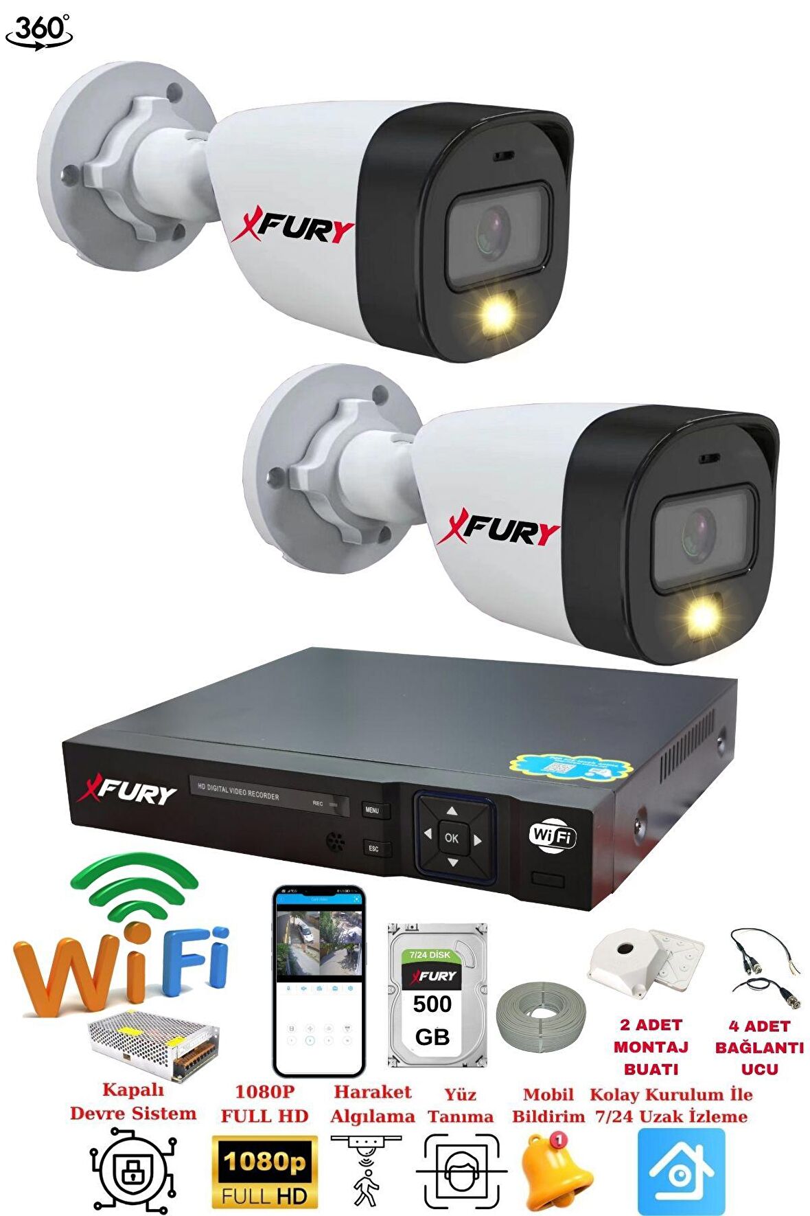 FURY 2 Kameralı 1080P 2Mp Görüntü Gece Renkli Full Hd Ultra Led Gece Renkli Güvenlik Kamerası Seti 500GB
