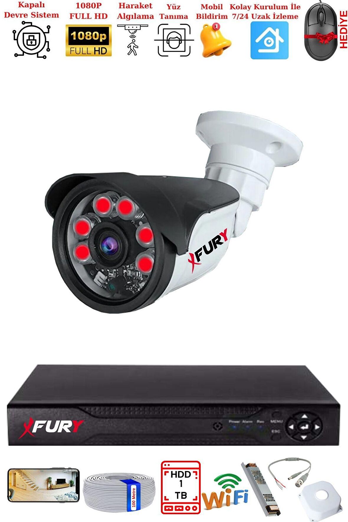 FURY 1 Kameralı Gece Görüşlü 1080P 2Mp Görüntü Full Hd Atom Led Güvenlik Kamerası Seti 5570 1 TB