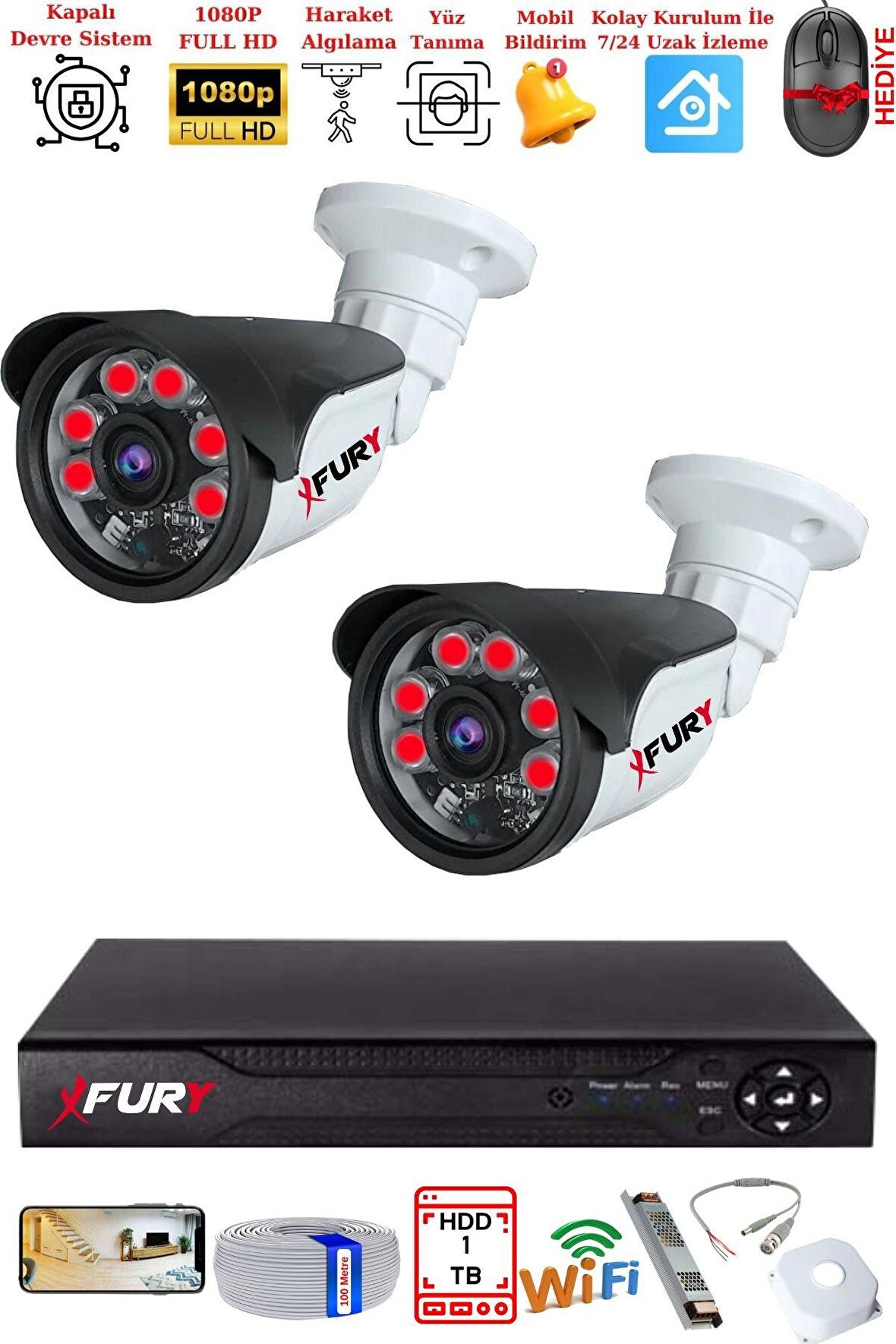 FURY 2 Kameralı Gece Görüşlü 1080P 2Mp Görüntü Full Hd Atom Led Güvenlik Kamerası Seti 5570 1 TB