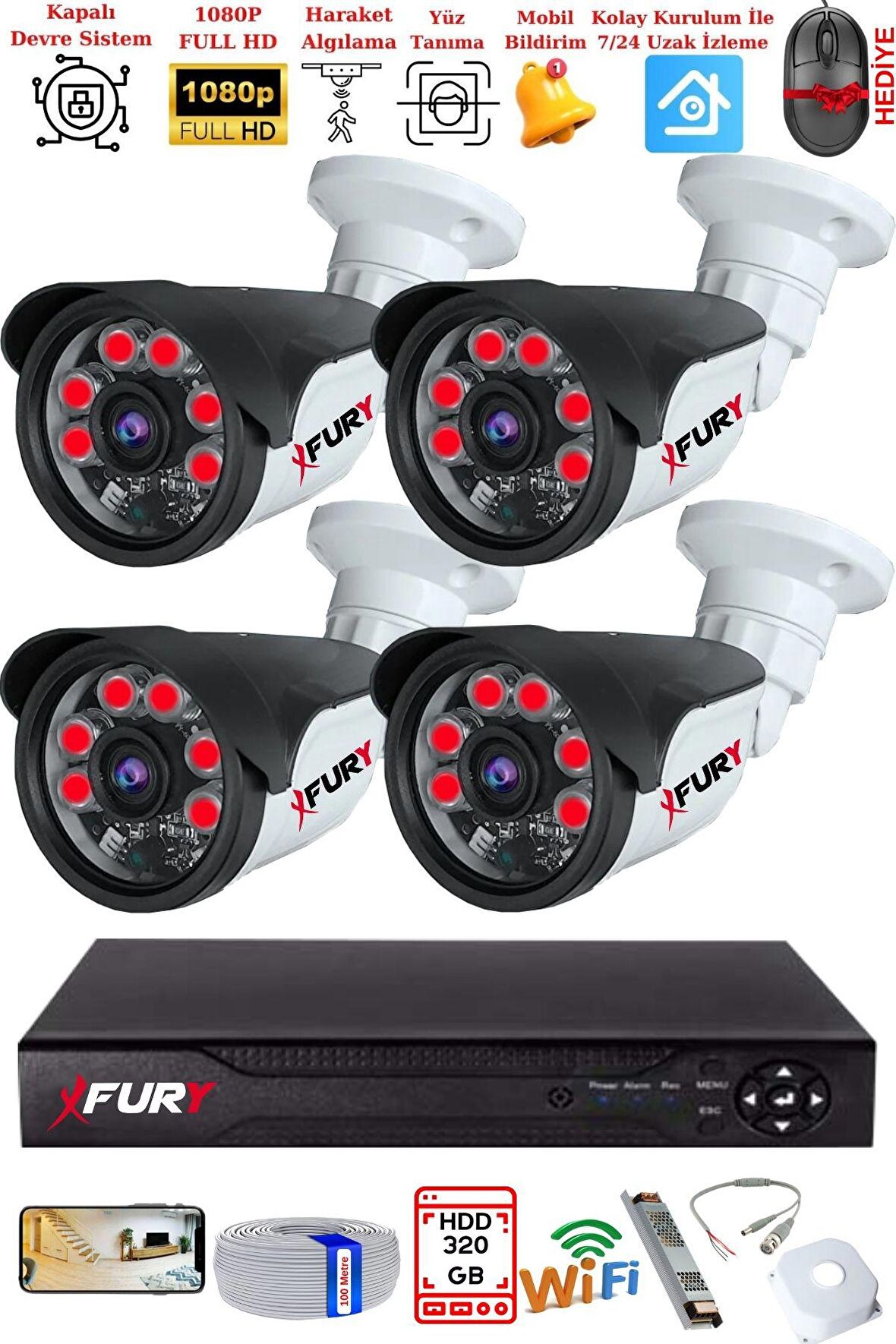 FURY 4 Kameralı Gece Görüşlü 1080P 2Mp Görüntü Full Hd Atom Led Güvenlik Kamerası Seti 5570 320GB