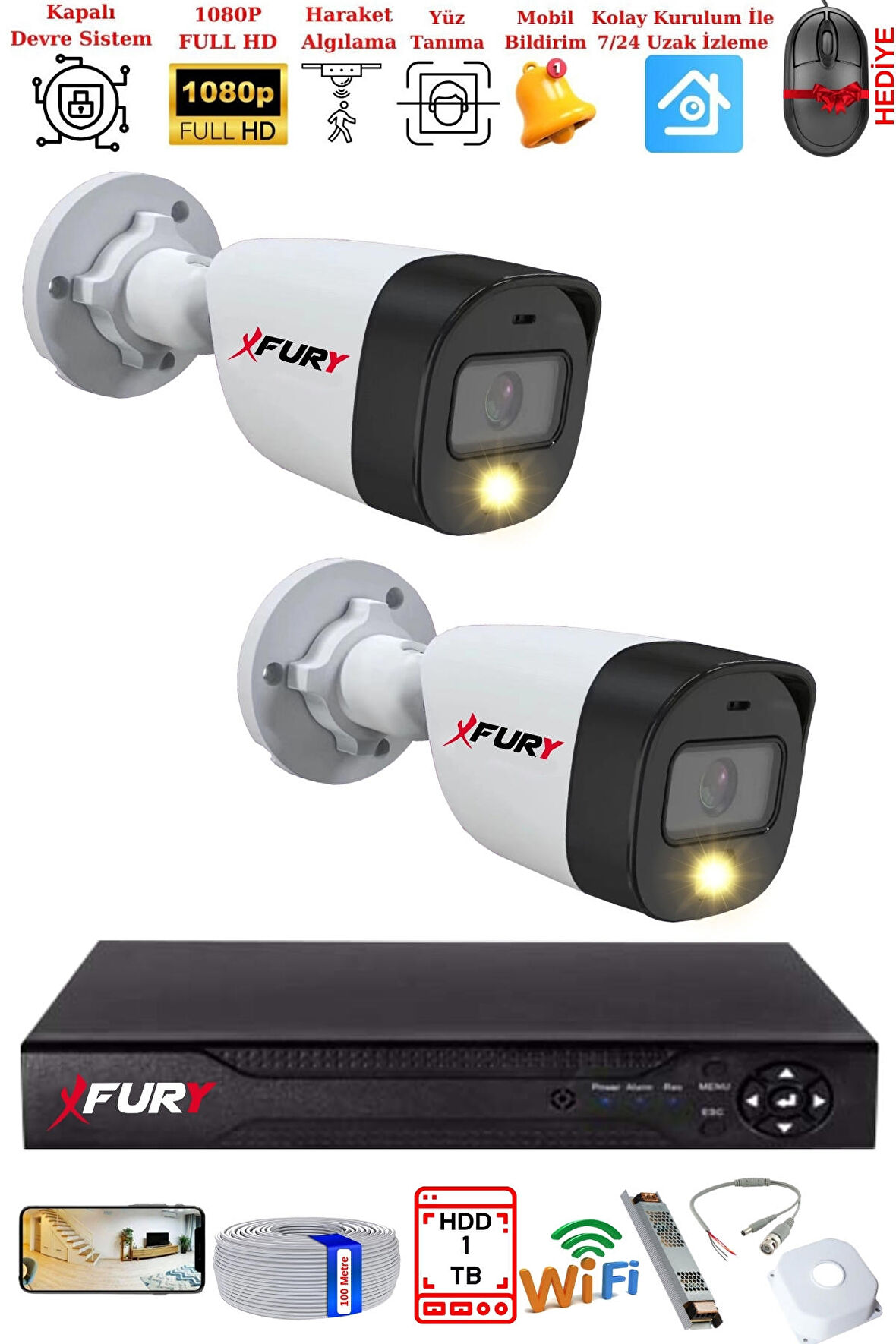 FURY 2 Kameralı 5Mp Lens 2 Mp Görüntü Gece Renkli Full Hd Ultra Led Akıllı Güvenlik Kamerası Seti 1 TB