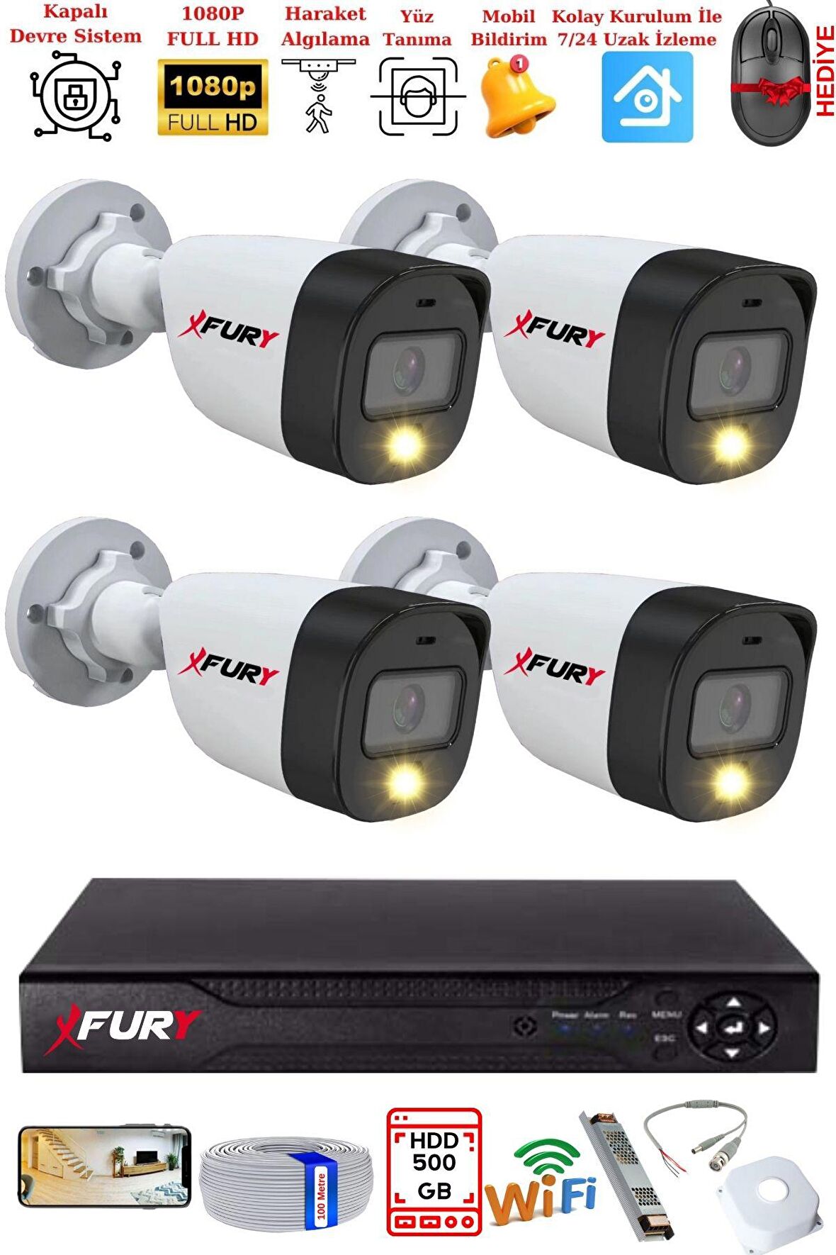 FURY 4 Kameralı 5Mp Lens 2 Mp Görüntü Gece Renkli Full Hd Ultra Led Akıllı Güvenlik Kamerası Seti 500 GB