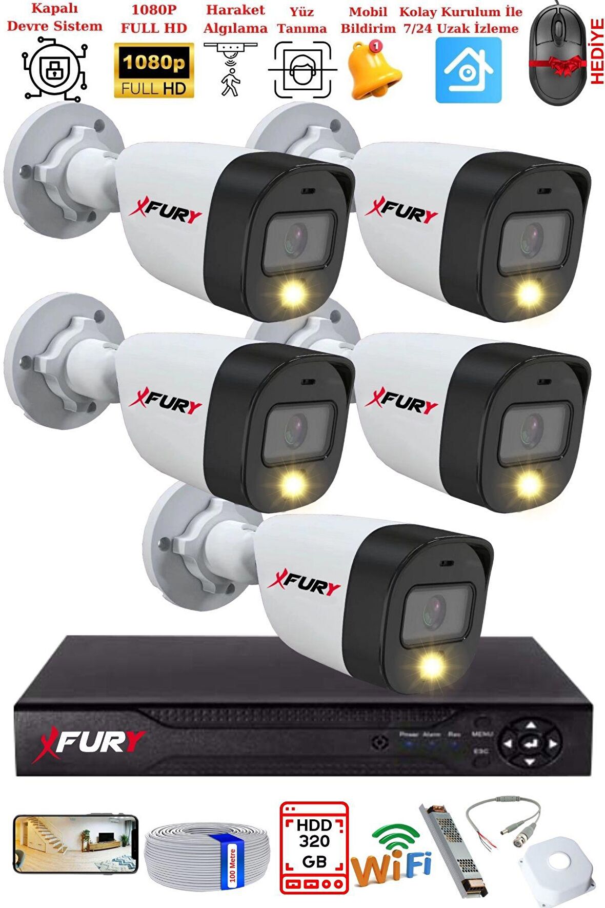 FURY 5 Kameralı 5Mp Lens 2 Mp Görüntü Gece Renkli Full Hd Ultra Led Akıllı Güvenlik Kamerası Seti 320GB