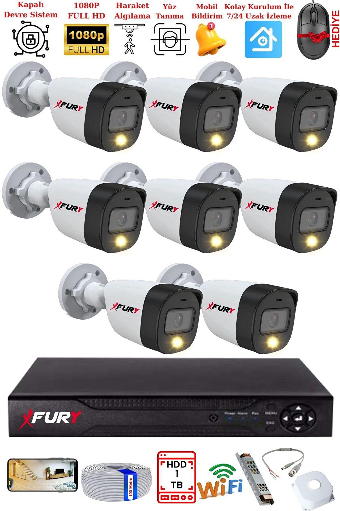 FURY 8 Kameralı 5Mp Lens 2 Mp Görüntü Gece Renkli Full Hd Ultra Led Akıllı Güvenlik Kamerası Seti 1 TB